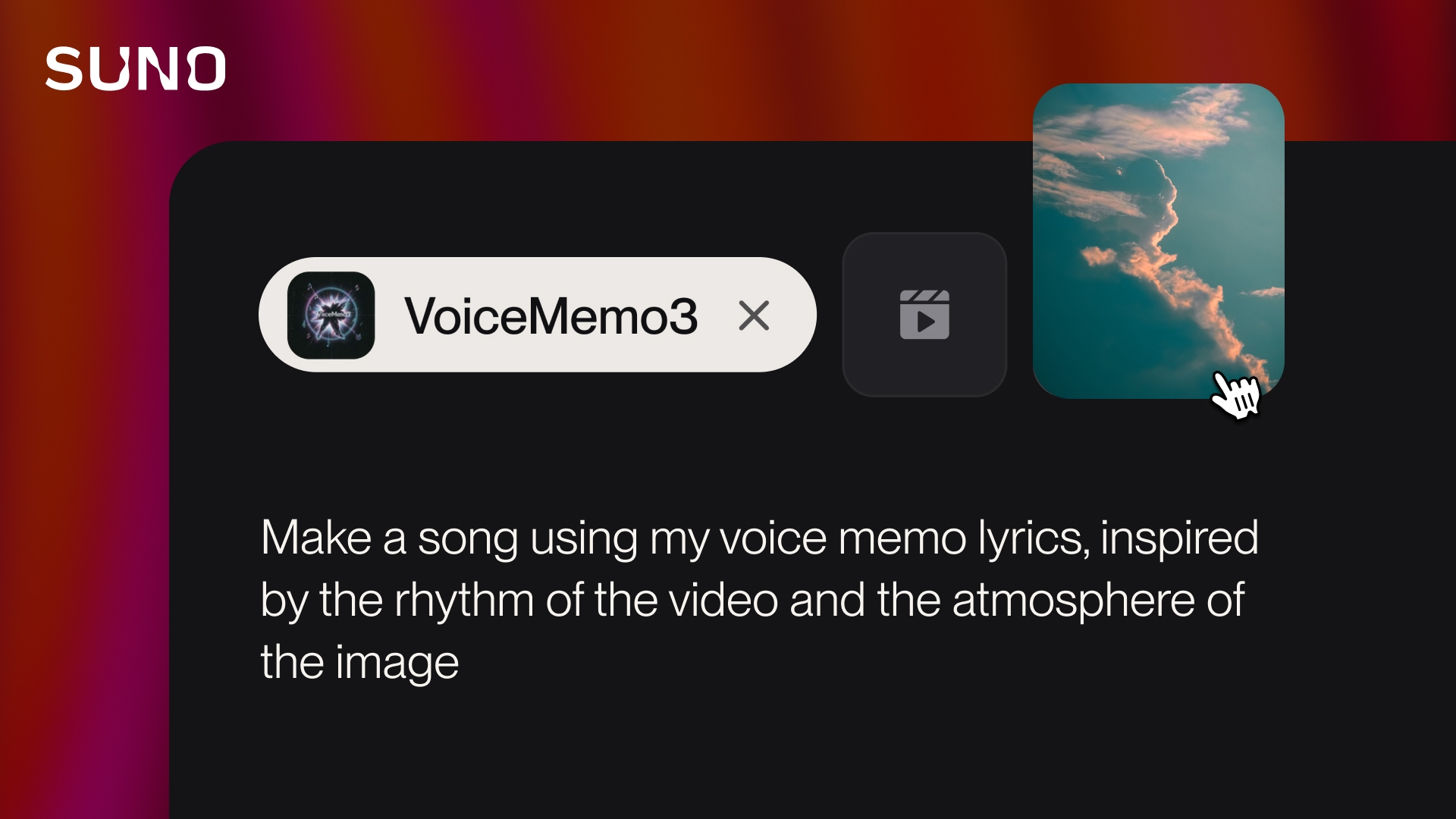 Eingabefeld von Suno mit angehängter Sprachnotiz namens VoiceMemo3, einem Video und einem Wolkenfoto sowie dem Prompt, daraus einen Song zu erzeugen.