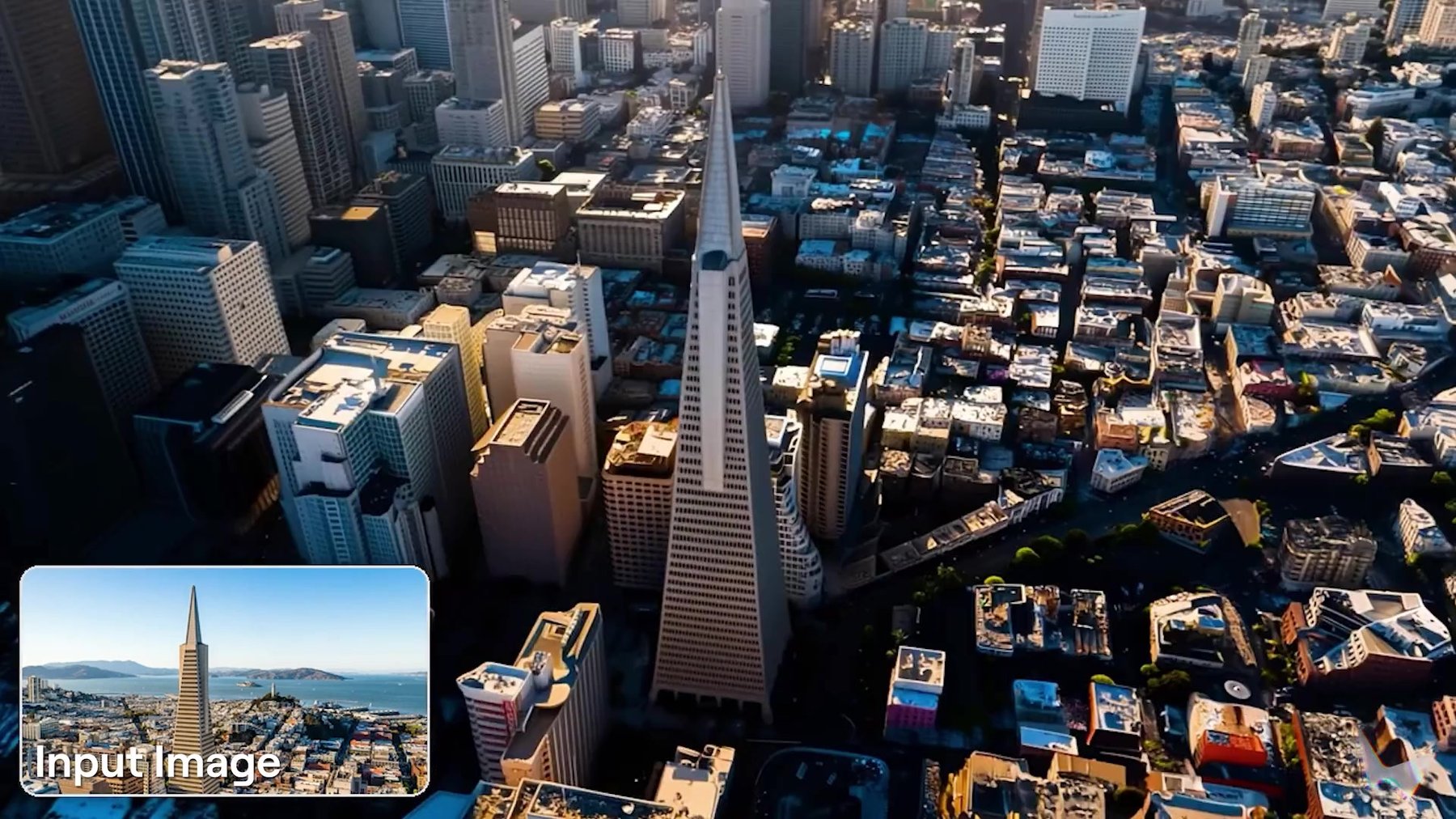 Aerial view of the San Francisco skyline with the Transamerica Pyramid, with the street-level input photo shown as a small inset in the lower left.
